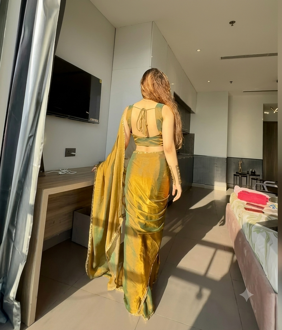 Partywear Frandy Crush Saree with Siroski Work and and Matching Running Blouse