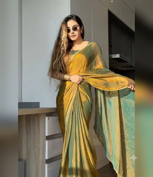 Partywear Frandy Crush Saree with Siroski Work and and Matching Running Blouse
