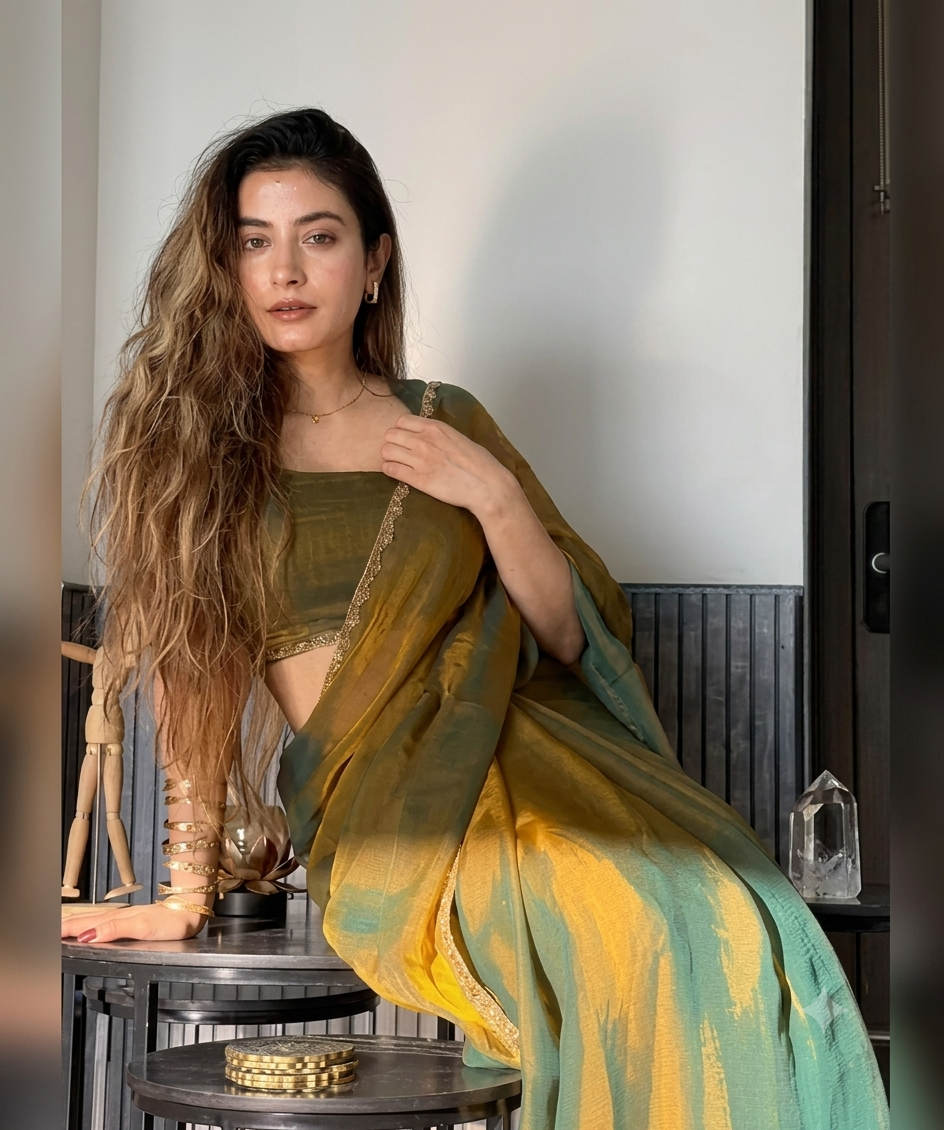 Partywear Frandy Crush Saree with Siroski Work and and Matching Running Blouse
