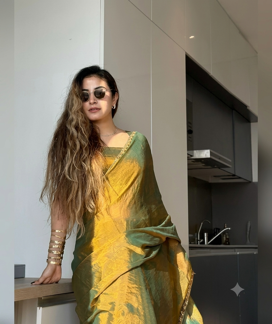 Partywear Frandy Crush Saree with Siroski Work and and Matching Running Blouse